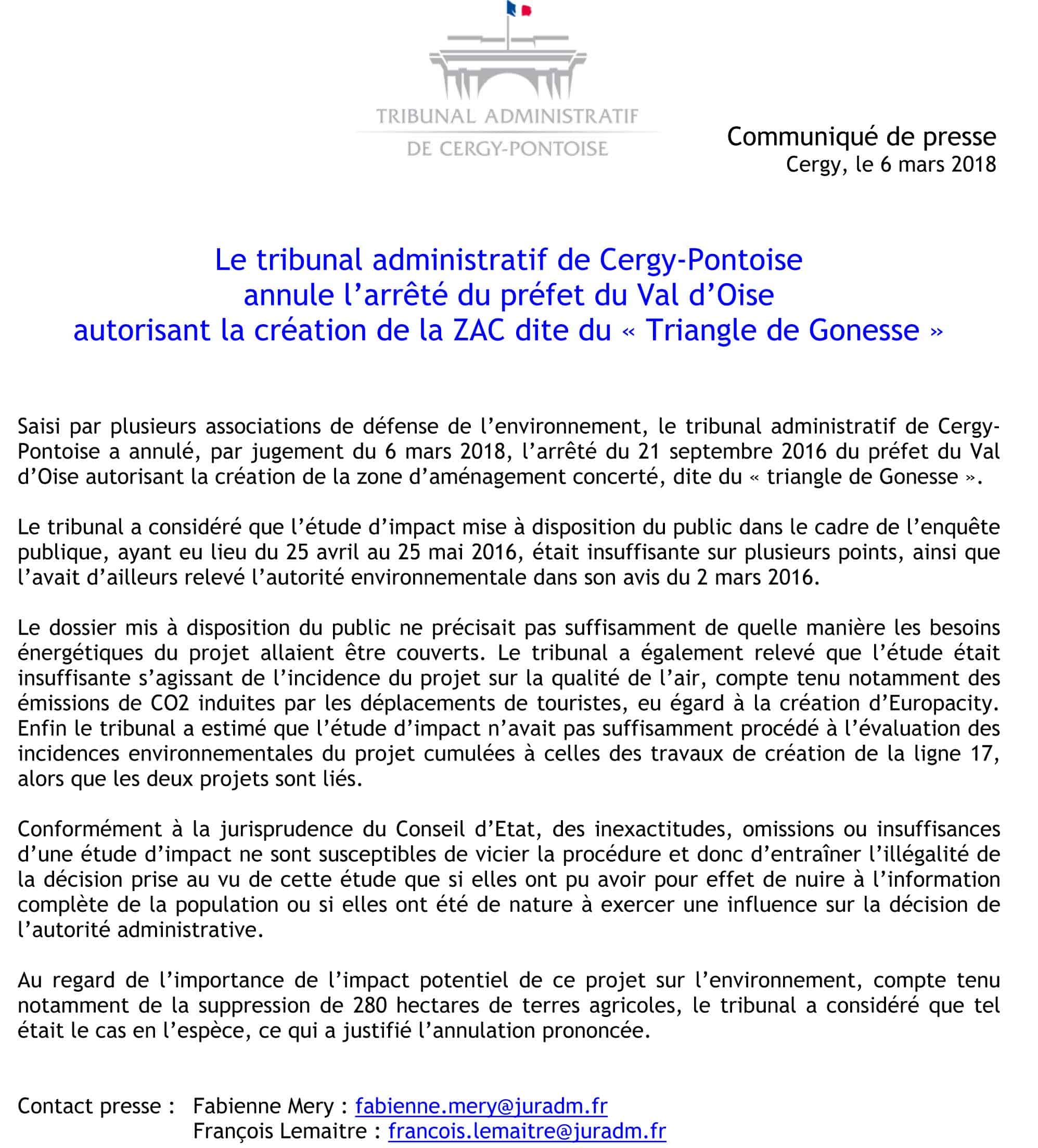 Communiqué de presse annulation ZAC du Triangle de Gonesse